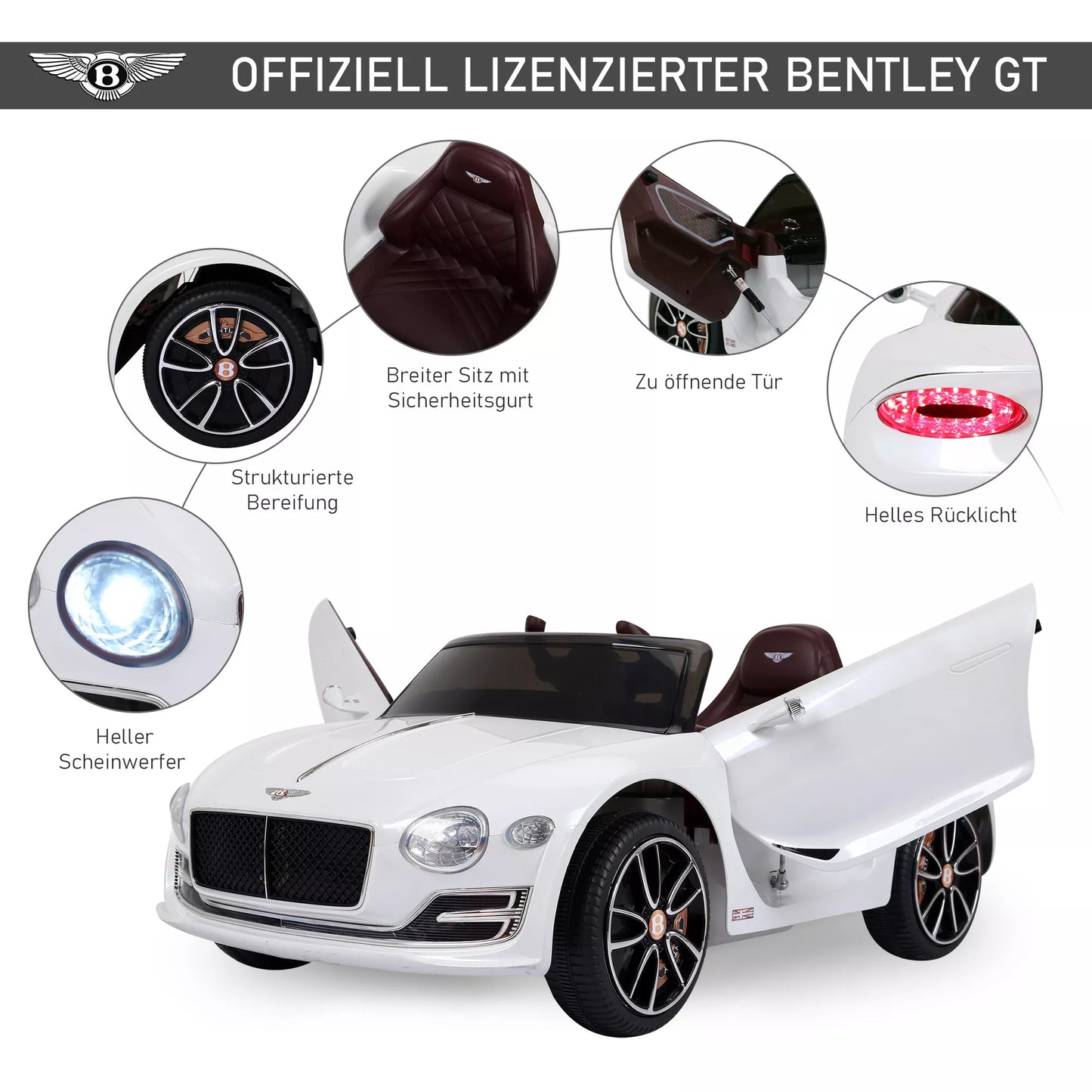 Vaikiškas automobilis Bentley GT, licencijuota vaikiška elektrinė transporto priemonė su nuotolinio valdymo pulteliu, 2 x 390 varikliai, vaikiškas, baltas, 108 x 60 x 43 cm