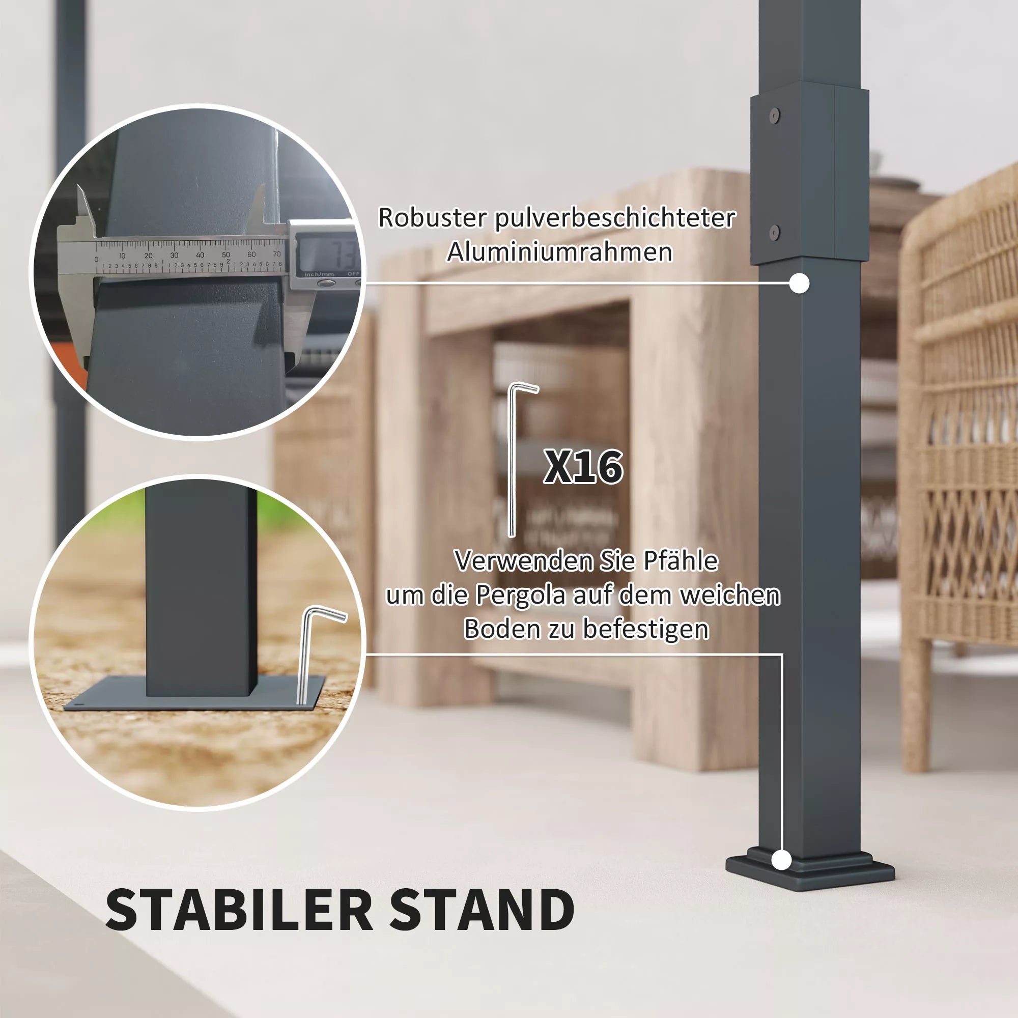 Pergola paviljonas, apie 3,5 x 3 m, aliuminis, stabilus, atsparus žiemos sąlygoms, saulės apsauga su reguliuojamu stumdomu stogu, pilkos spalvos