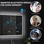 Infografika su veidrodžio funkcijomis: reguliuojamas, 3 spalvos, anti-rūko, Bluetooth, laikrodis