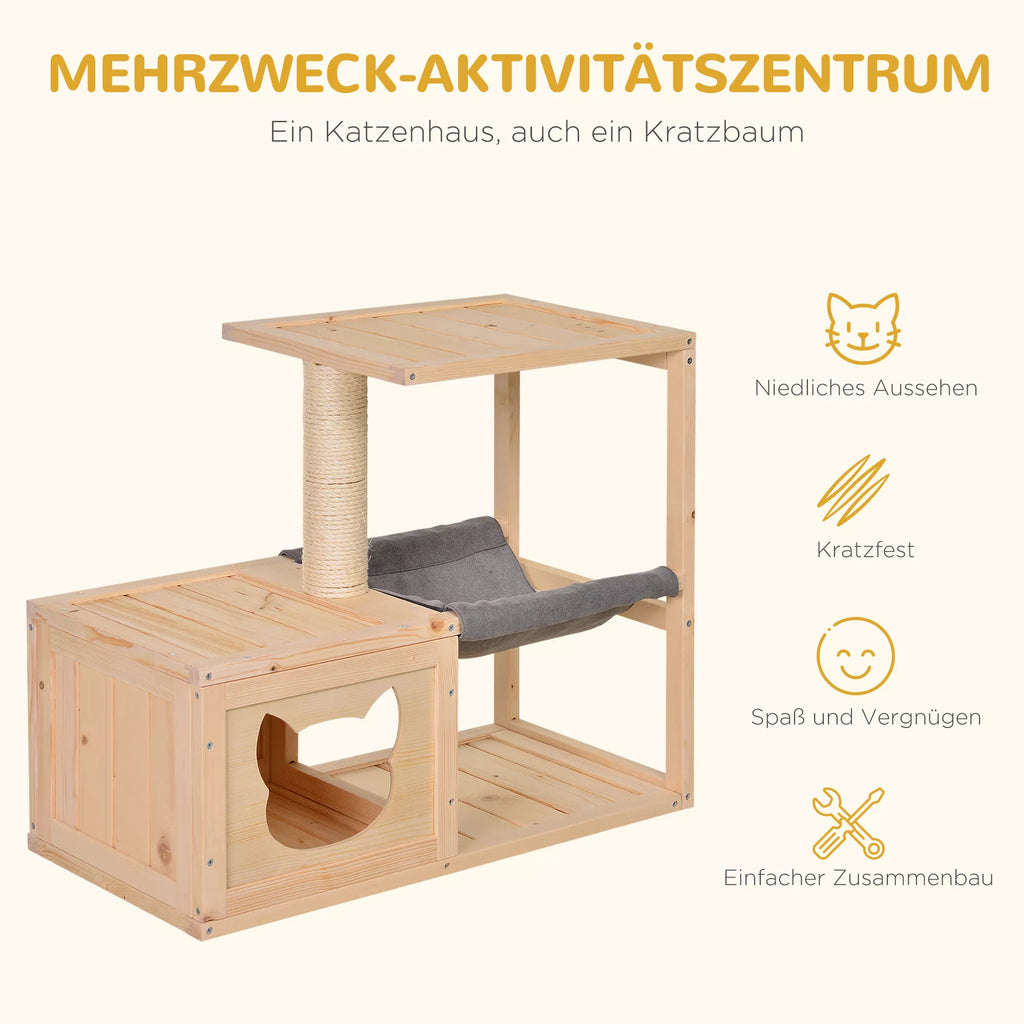 Katės namelis su hamaku, katės dėžė su sizaliniu kamienu, katės urvas, katės medis, katės veiklos centras, pušies mediena, natūralus, 70 x 35 x 60 cm