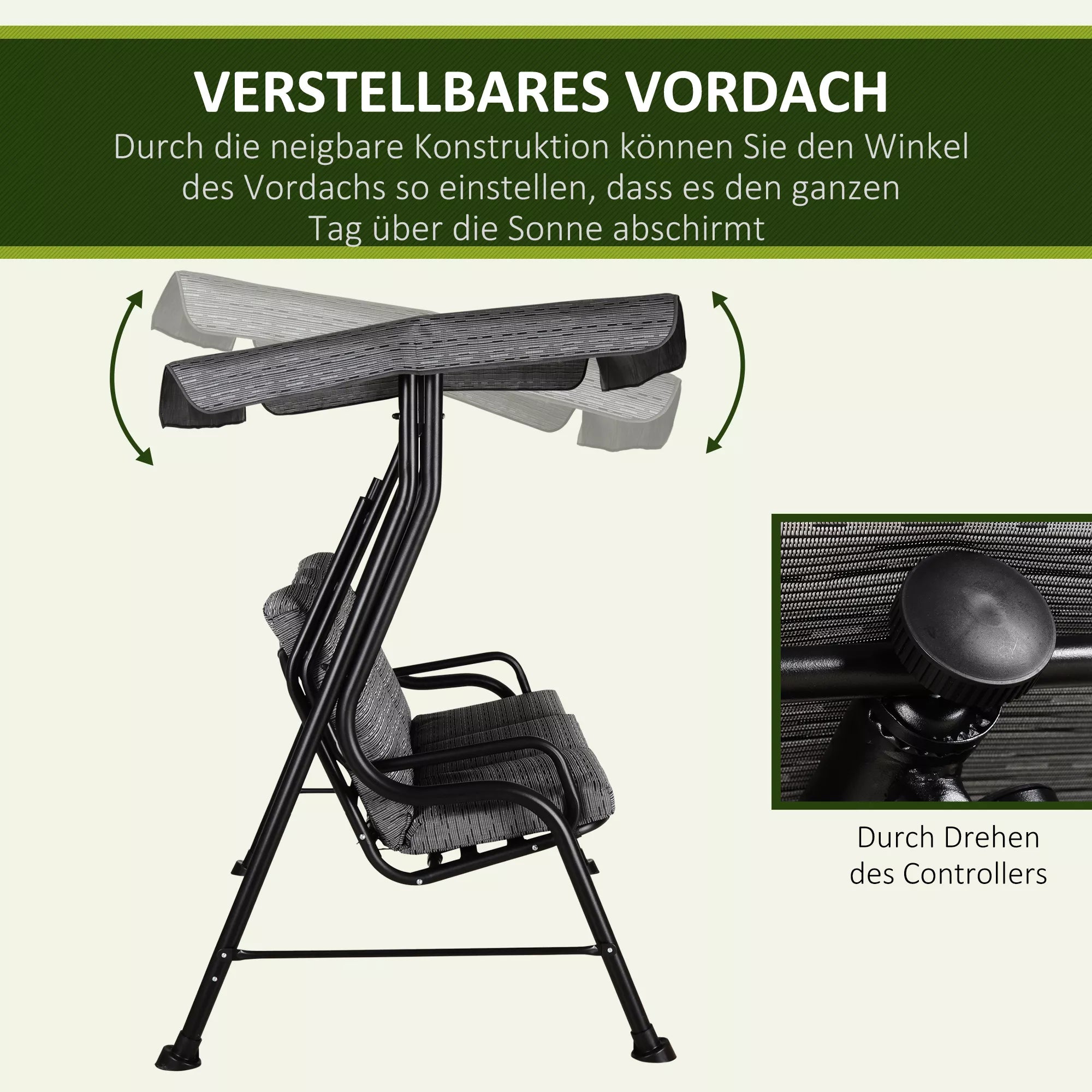 Holivudo sūpynės, 3 vietų sodo sūpynės, reguliuojamas saulės stogelis, tekstilė, pilka, 200 x 120 x 170 cm