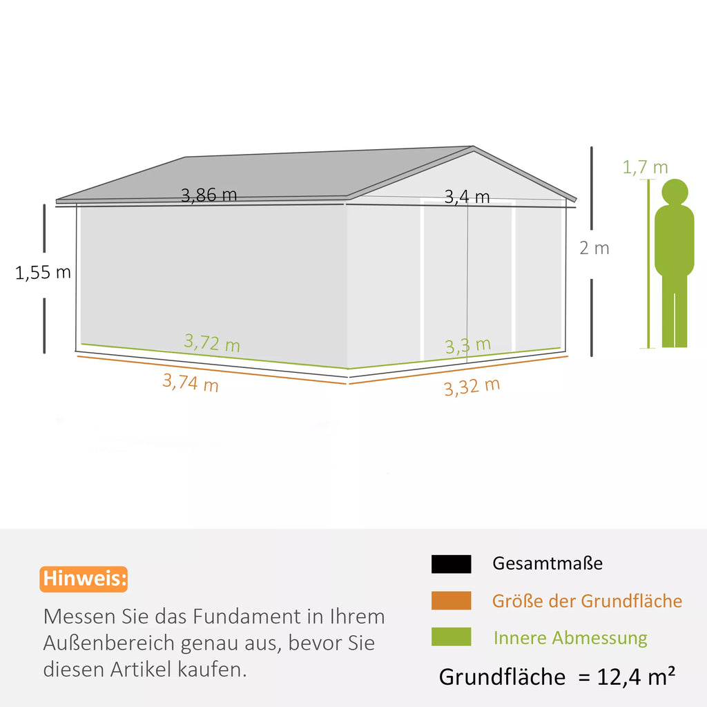 Schema su sandėliuko matmenimis: 3,86 × 3,32 m, aukštis 2 m
