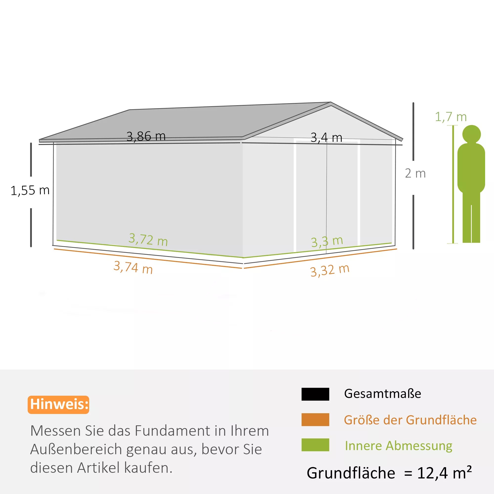 Schema su sandėliuko matmenimis: 3,86 × 3,32 m, aukštis 2 m