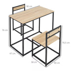 Ąžuolo spalvos valgomojo stalo matmenų schema: plotis 90 cm, aukštis 76 cm, kėdės gylis 40 cm