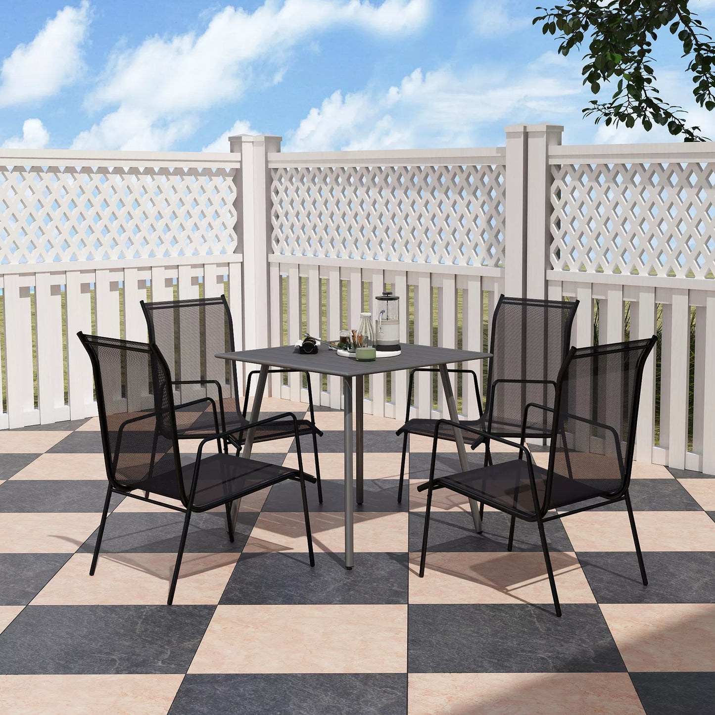 Lauko stalas 4 asmenims, plieninio rėmo, lengvai valomas, atsparus rūdims, 80 x 80 x 74 cm, pilkos spalvos