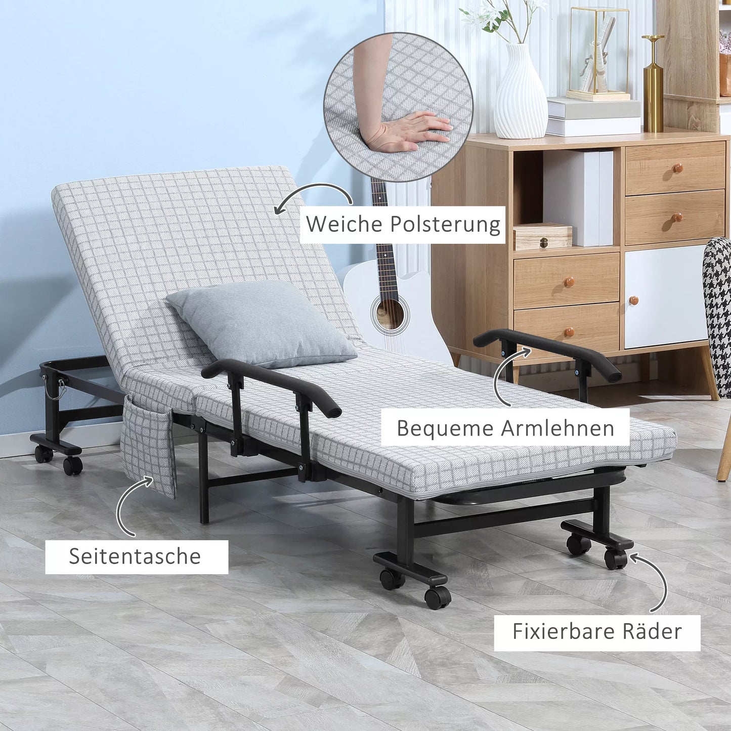 Sulankstoma lova, svečių lova, atlenkiamas atlošas, porankiai, 8 ratukai, plieninis rėmas, šviesiai pilka + juoda, 190 x 76 x 33 cm