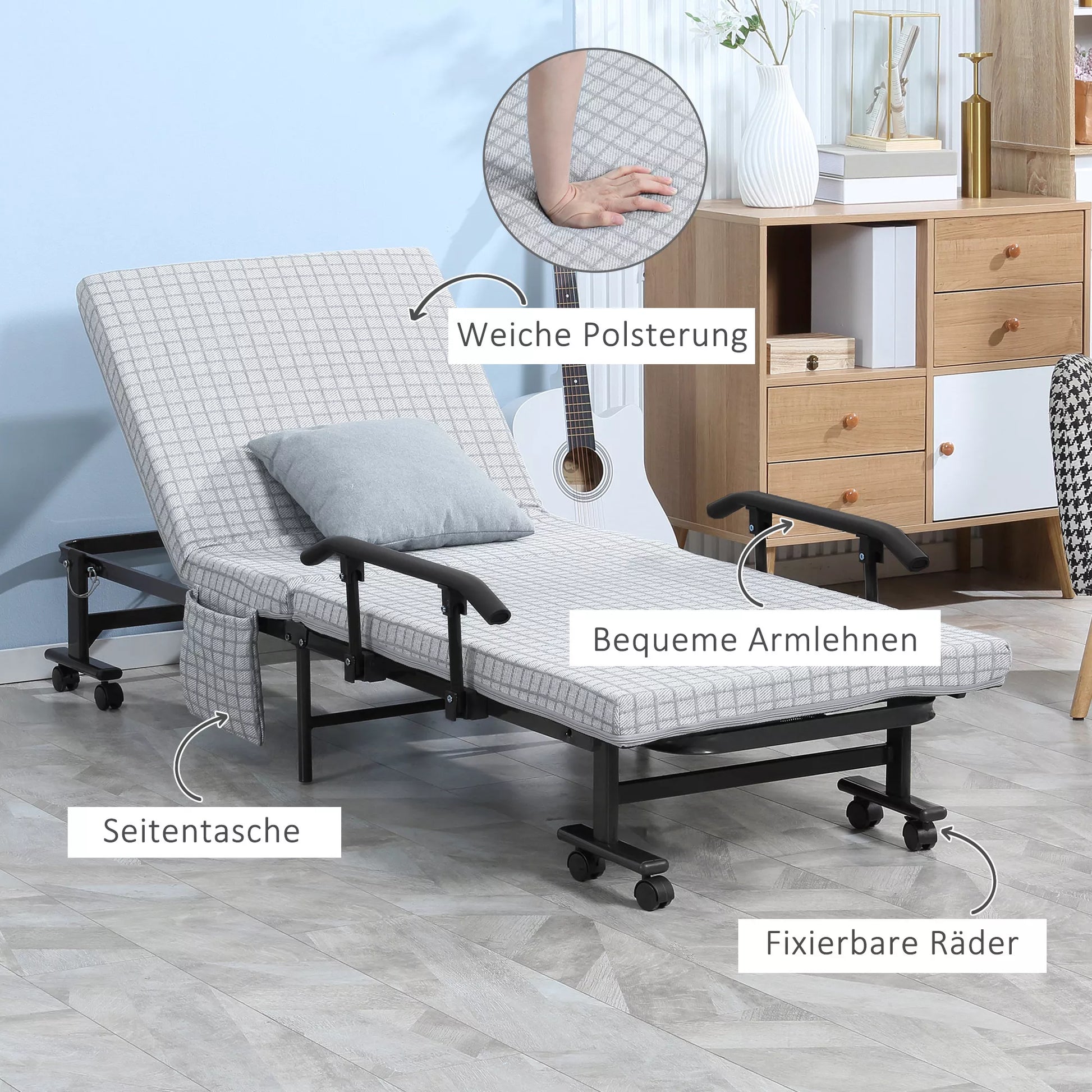 Sulankstoma lova, svečių lova, atlenkiamas atlošas, porankiai, 8 ratukai, plieninis rėmas, šviesiai pilka + juoda, 190 x 76 x 33 cm