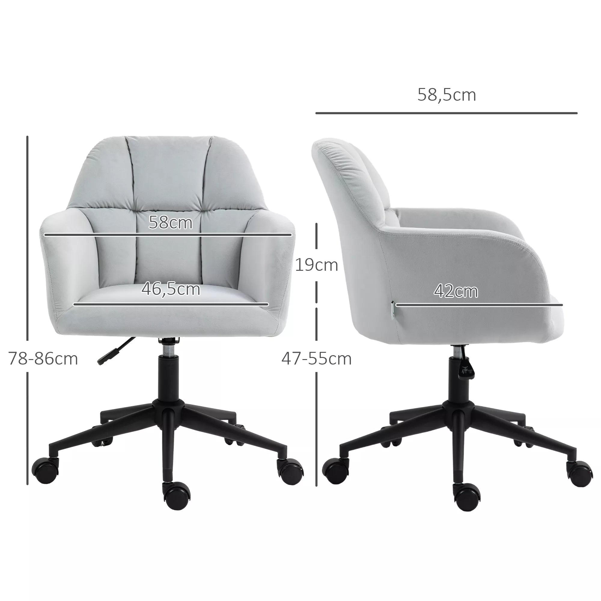 Ergonomiška darbo kėdė, aukščio reguliuojama, pasukama, aksomo išvaizdos, iki 120 kg, šviesiai pilka