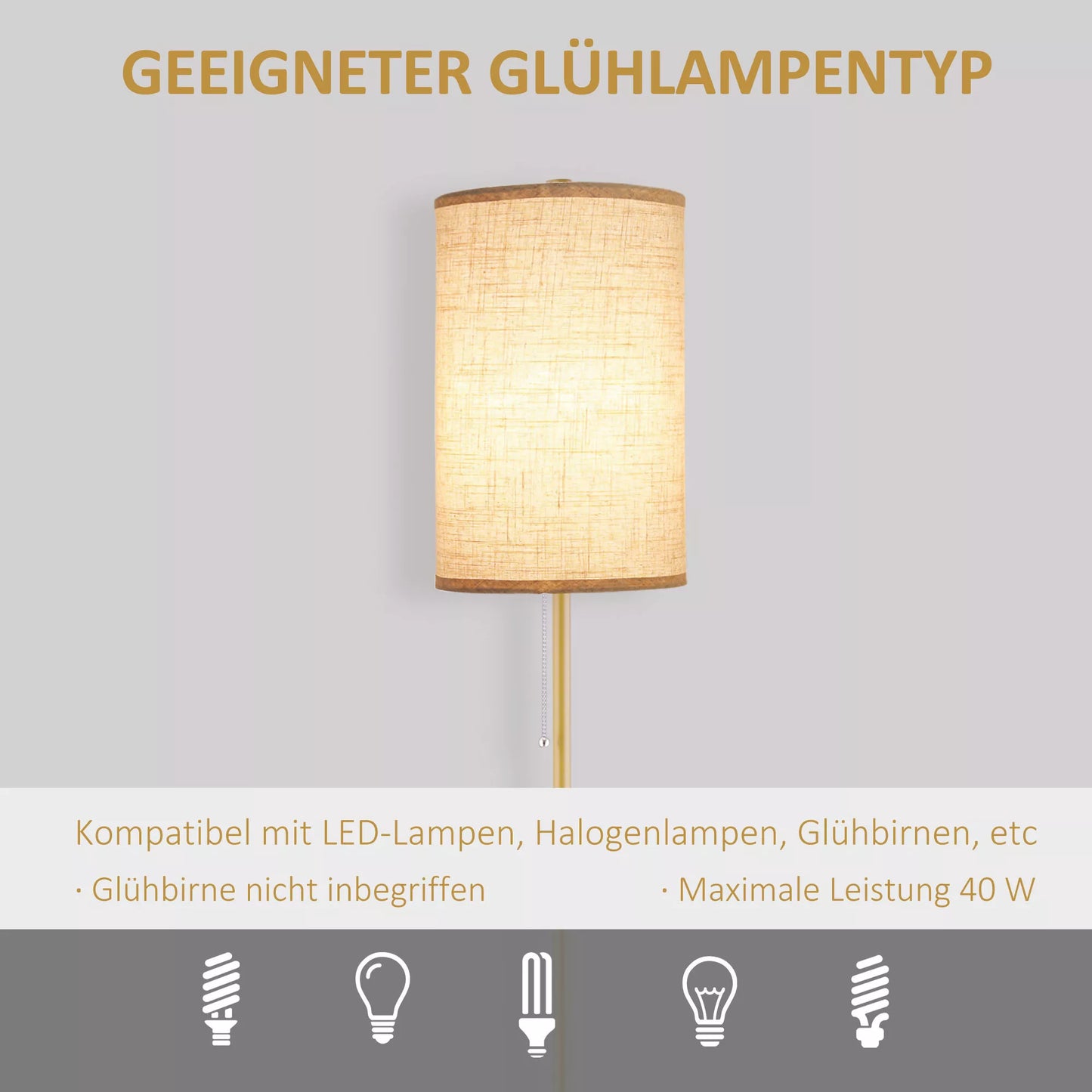 Elegantiškas pastatomas šviestuvas iš plieno su medžiaginiu gaubtu, svetainės šviestuvas, su traukimo grandinėlės jungikliu, Auksas+Baltas