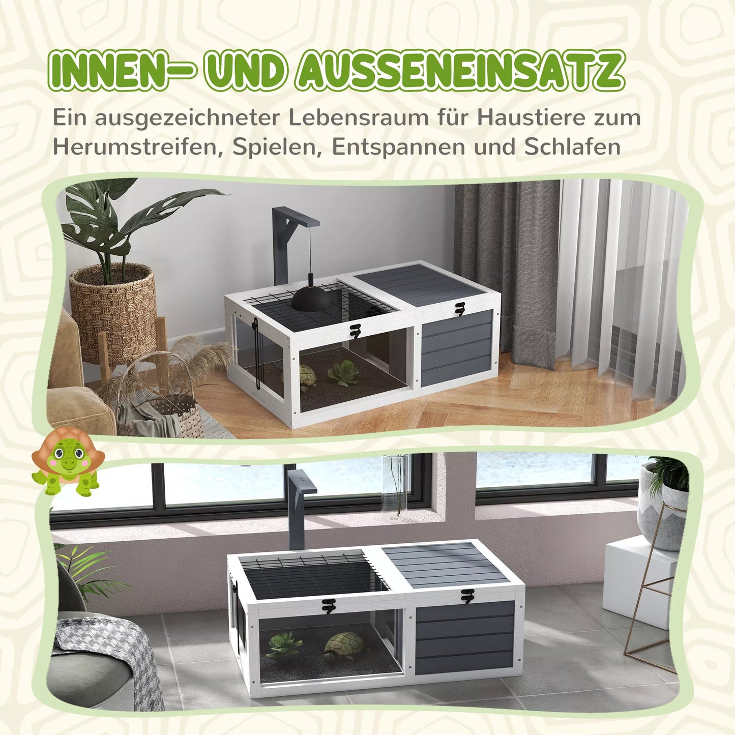 Vėžlių namelis, roplių dėžė su 2 kambariais, dangčiu, plastikiniais dubenėliais, langais, medžiu, pilka spalva