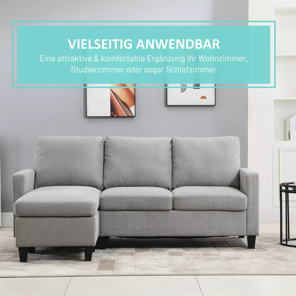 Kampinė sofa, 3 vietų sofa su patalynės dėže ir pagalvėlėmis, L formos kampas, audinio apmušalas, pilka