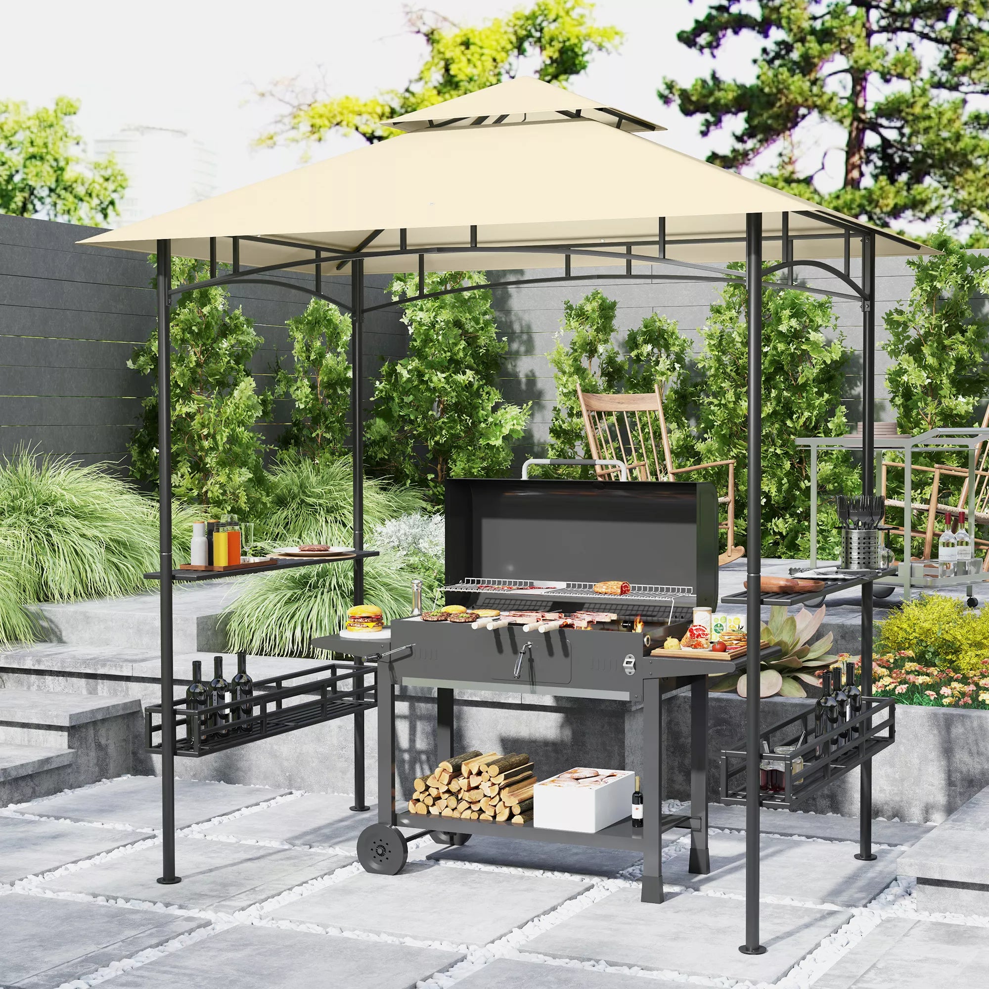 Grill-palapinė, BBQ-palapinė, sodo pavėsinė su 2 lentynomis, laikymo krepšiais, kabliais, terasai, smėlio spalvos