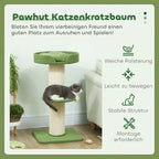 Žalios draskyklės savybių schema: minkštos pagalvėlės, sisal stulpas, kasmyro poilsio vieta