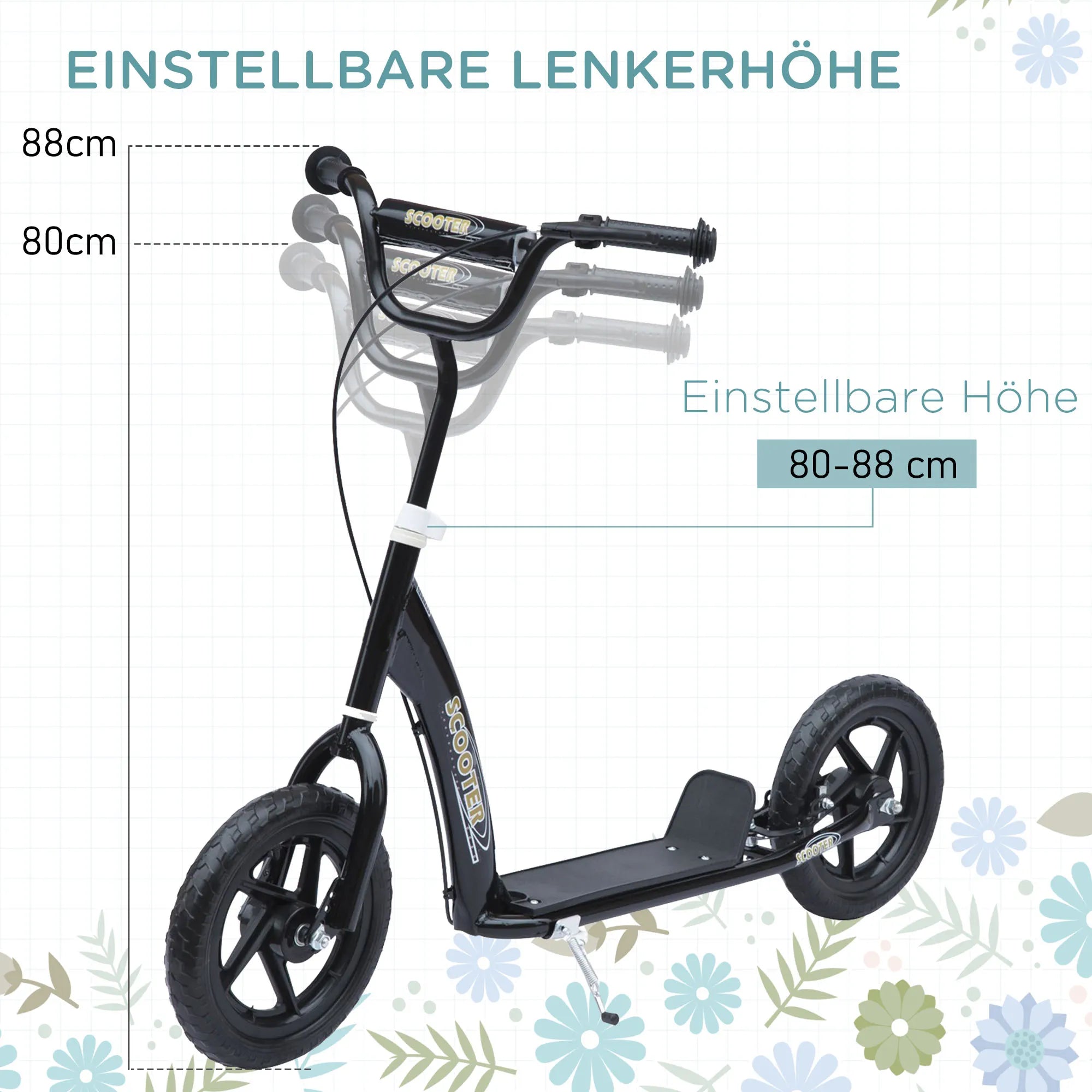 Vaikų paspirtukas su galiniu stabdžiu Kickscooter 12 colių paspirtukas Roller Scooter Cityroller vaikams Kickboard Reguliuojamas aukštis Plienas EVA Juodas 120 x 52 x 80-88 cm