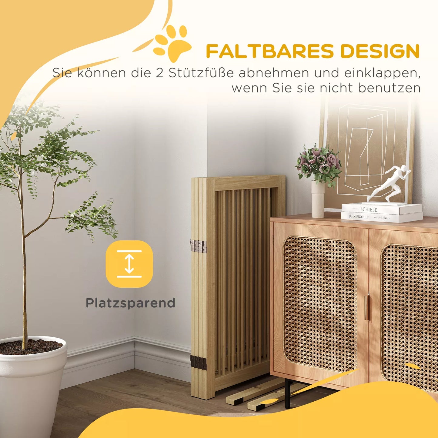 Laisvai statoma sulankstoma šunų tvorelė su durimis ir atramomis, medinis rėmas, 220x36x91cm