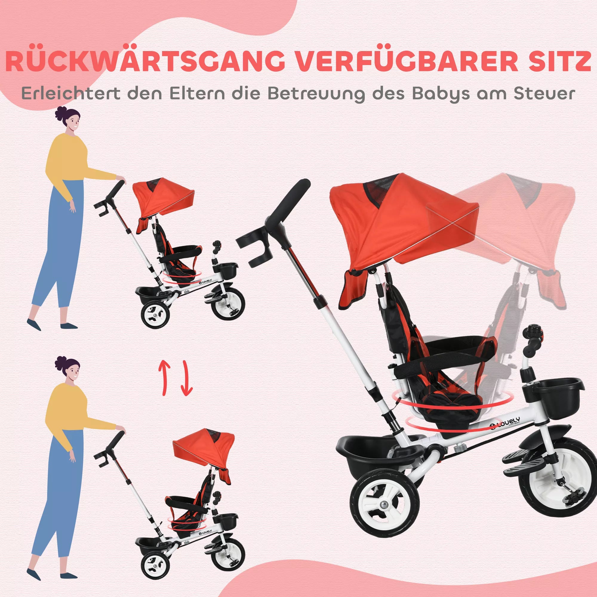 6-in-1 vaikų triratis su stumiamąja rankena, stogu, diržu, daiktų krepšeliu, 18+ mėnesių, raudonas