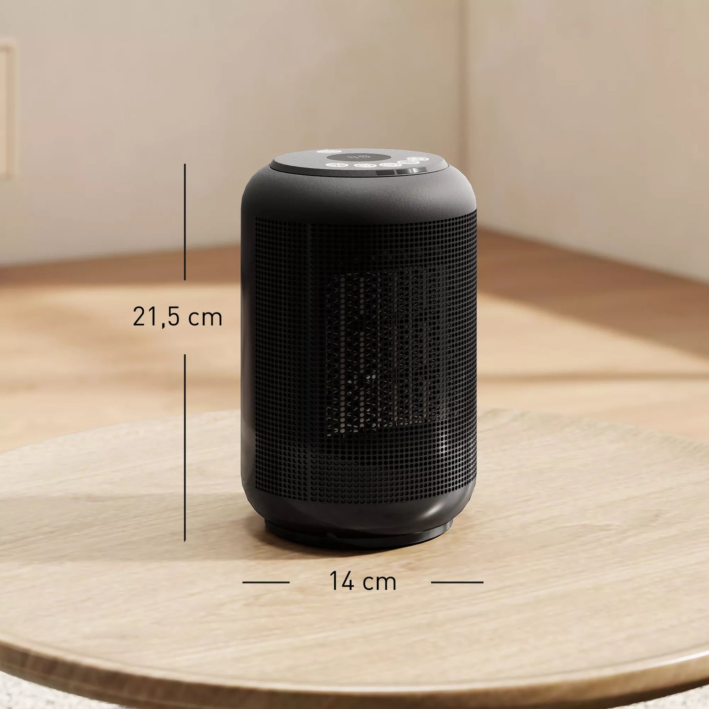 Ventiliatorinis šildytuvas, 1500 W ventiliatorinis šildytuvas su 3 režimais, 24 valandų laikmatis, apsauga nuo apvirtimo ir perkaitimo, 14 x 14 x 21,5 cm, juodas