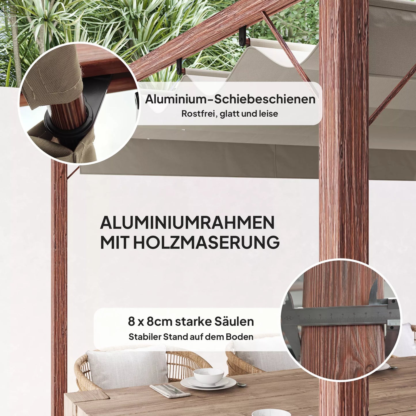 3 x 3 m Sodo pavėsinė, Reguliuojamas terasos stogas, Aliuminio rėmas, UPF30+ apsauga nuo saulės, Natūrali mediena