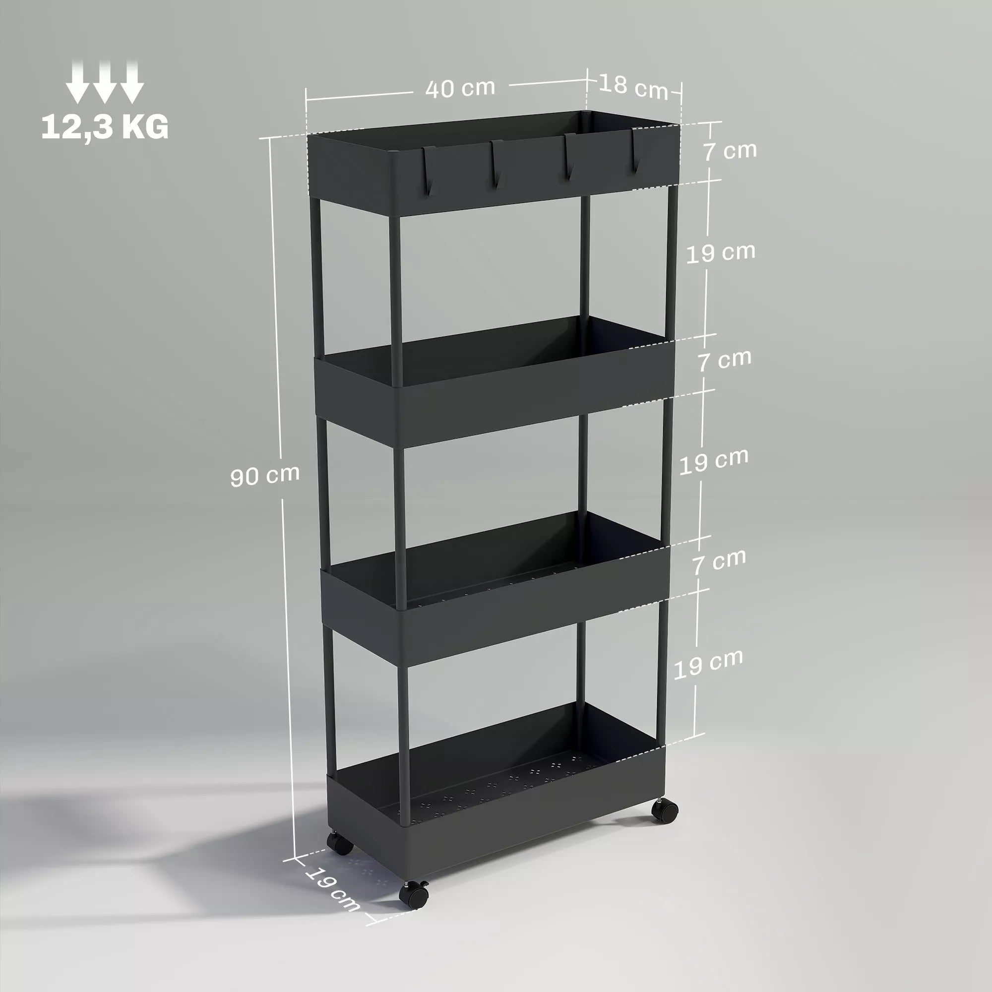 Virtuvinis vežimėlis su 4 lentynomis, 4 lanksčiais kabliais, 4 ratukais, 40 cm x 19 cm x 90 cm, nišinis vežimėlis, juodos spalvos