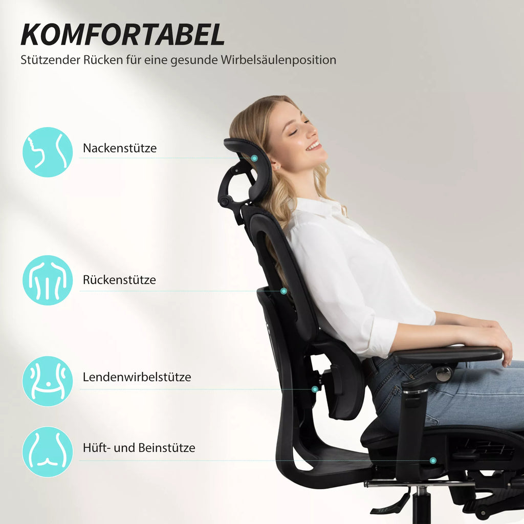 Biuro kėdė Ergonomiška darbo kėdė su reguliuojamu juosmens ir galvos atlošu 6D atlenkiamais porankiais Pėdų atrama Tinklelis Juoda