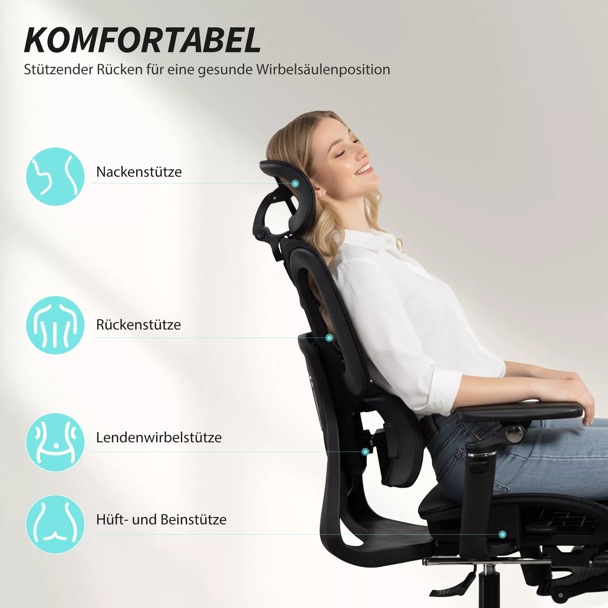 Biuro kėdė Ergonomiška darbo kėdė su reguliuojamu juosmens ir galvos atlošu 6D atlenkiamais porankiais Pėdų atrama Tinklelis Juoda