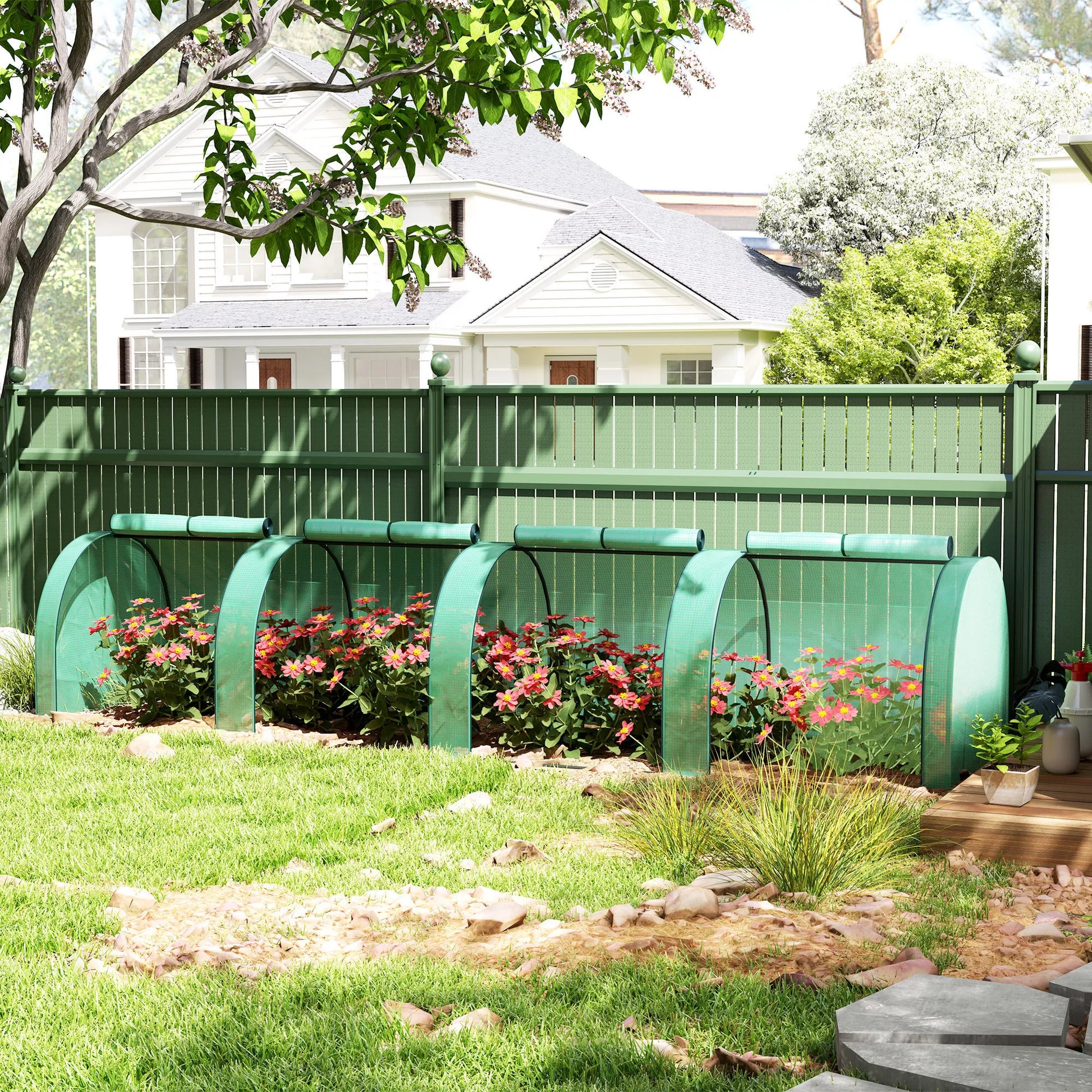 Tunelinis šiltnamis, 4 langai su užtrauktukais, plieninis rėmas, tvirtas tentas, 395 x 100 x 80 cm, žalias