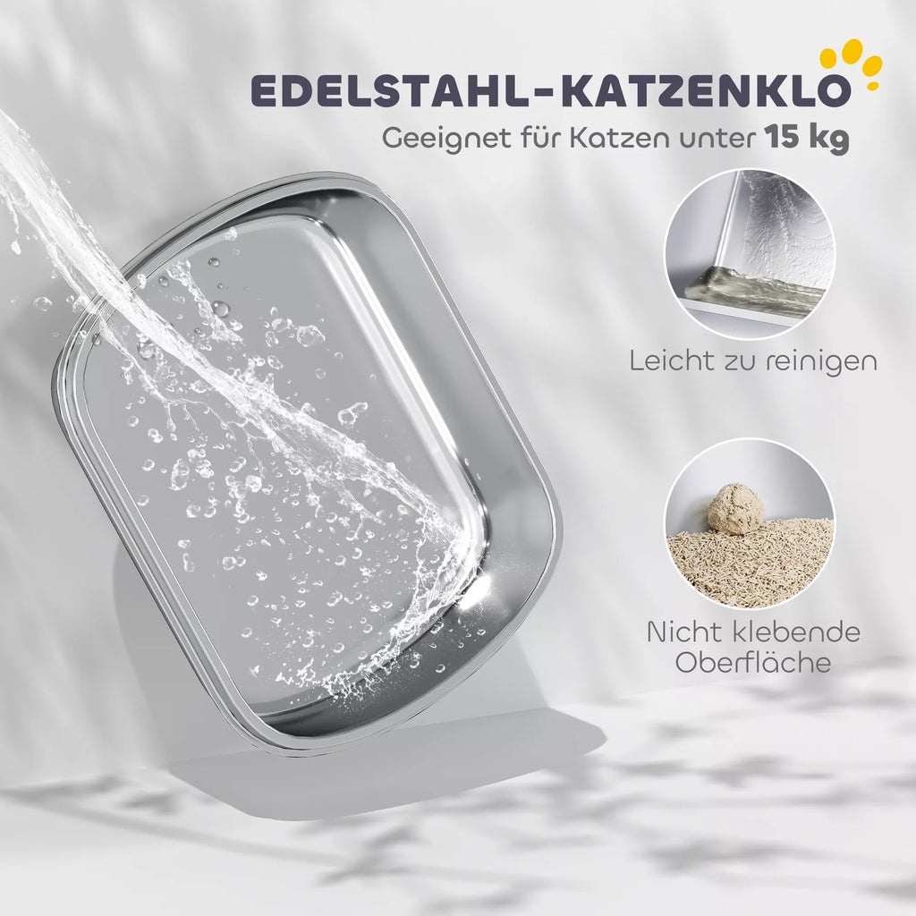 Katės tualetas iš nerūdijančio plieno, katės tualetas su aukštu kraštu, vonia, su kastuvu, skirtas didelėms katėms, 53x42x27 cm, anglies pilkos spalvos