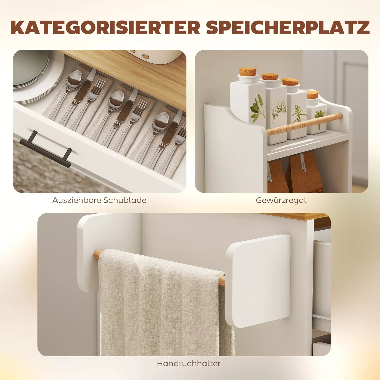 Virtuvės sala, virtuvės vežimėlis su ratukais, su atlenkiamu stalviršiu, stalčiu, lentynėle, 120 x 68 x 85 cm, balta