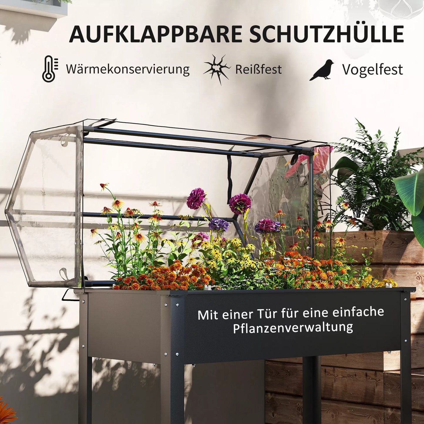 Aukštas lysvė su šiltnamio stogu, pakelta augalų dėžė su drenažo skylėmis, 100 x 48 x 124 cm, juoda