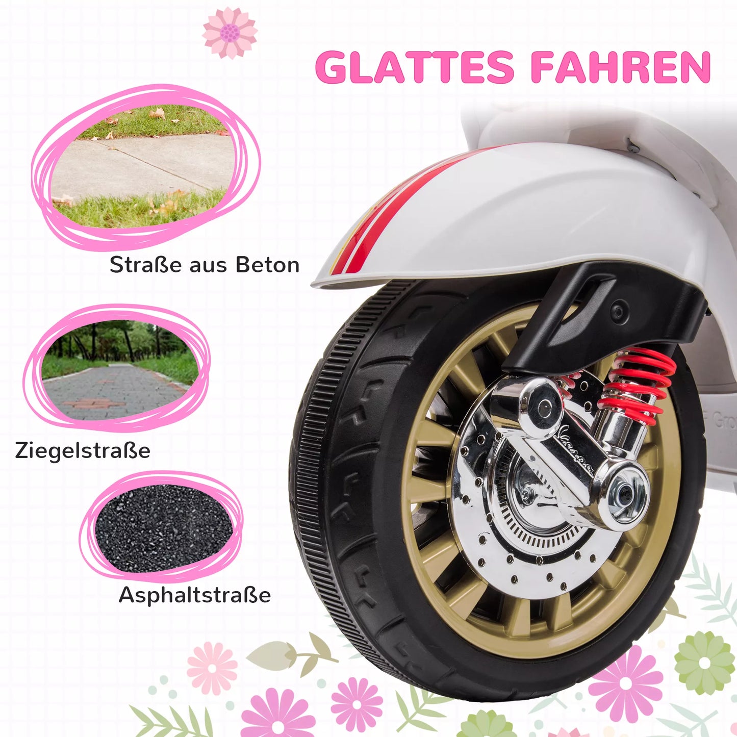 Elektrinis vaikiškas motociklas Vespa, 3 km/h, 3-6 metai, Muzika, Šviesos ir Radijas, Baltas