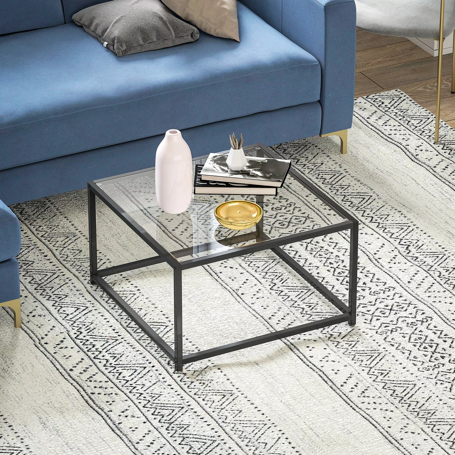 Kvadratinis kampinis staliukas, naktinis staliukas su grūdinto stiklo stalviršiu, kavos staliukas su plieninėmis kojomis 68 x 68 x 39 cm juodas