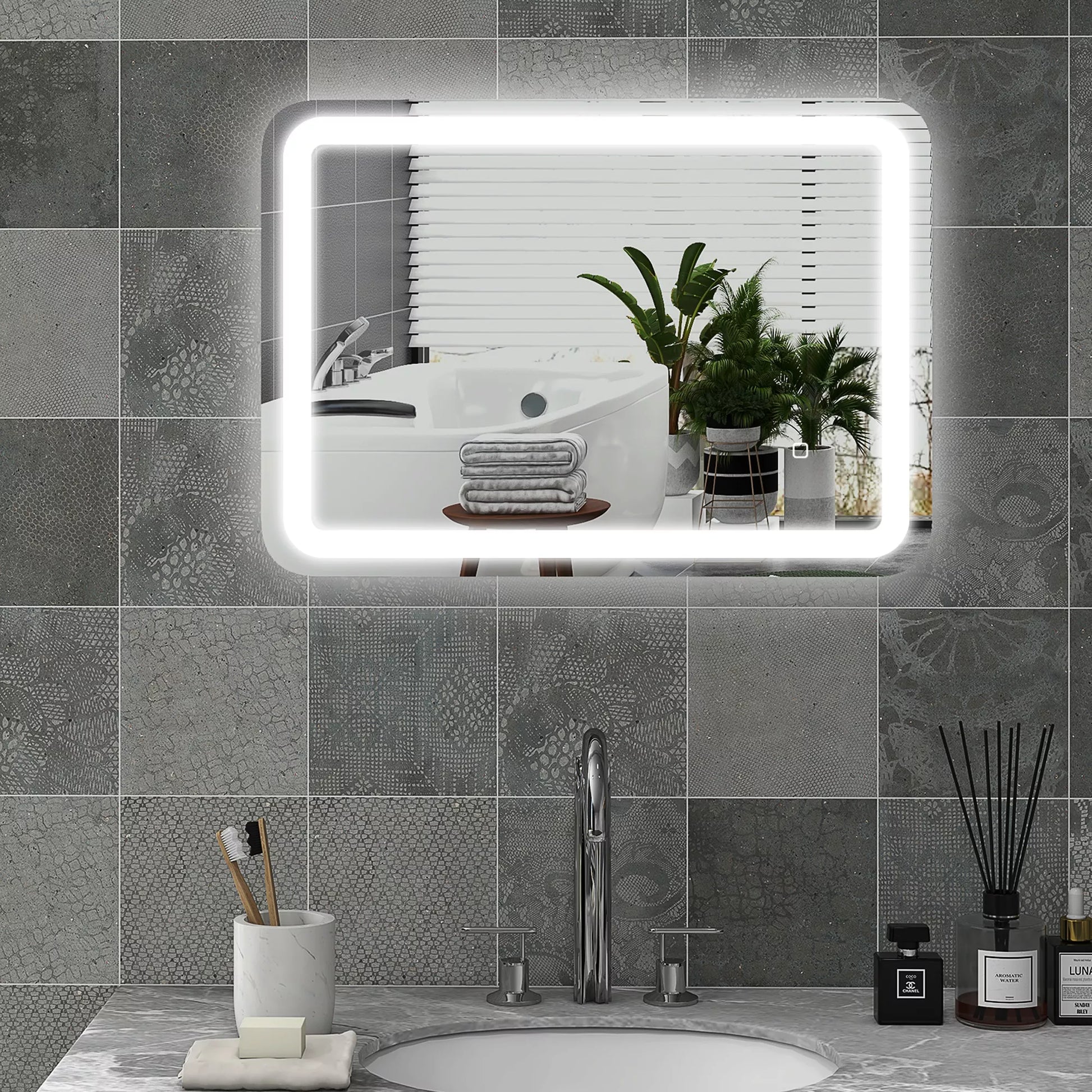 Vonios veidrodis, apšviestas, jutiklinis valdymas, neapgaruotas, reguliuojamas apšvietimas, 3 šviesos spalvos, 70x90, sidabrinis