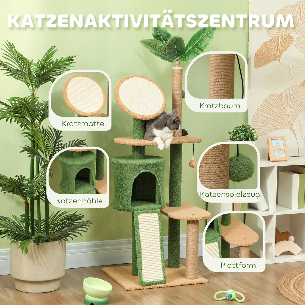 Kratzbaum, 139 cm kačių medis su urvu, žaisliniais kamuoliukais, sizalio nagų galandimo stulpeliais ir platformomis, skirtas dviem katėms, žalias