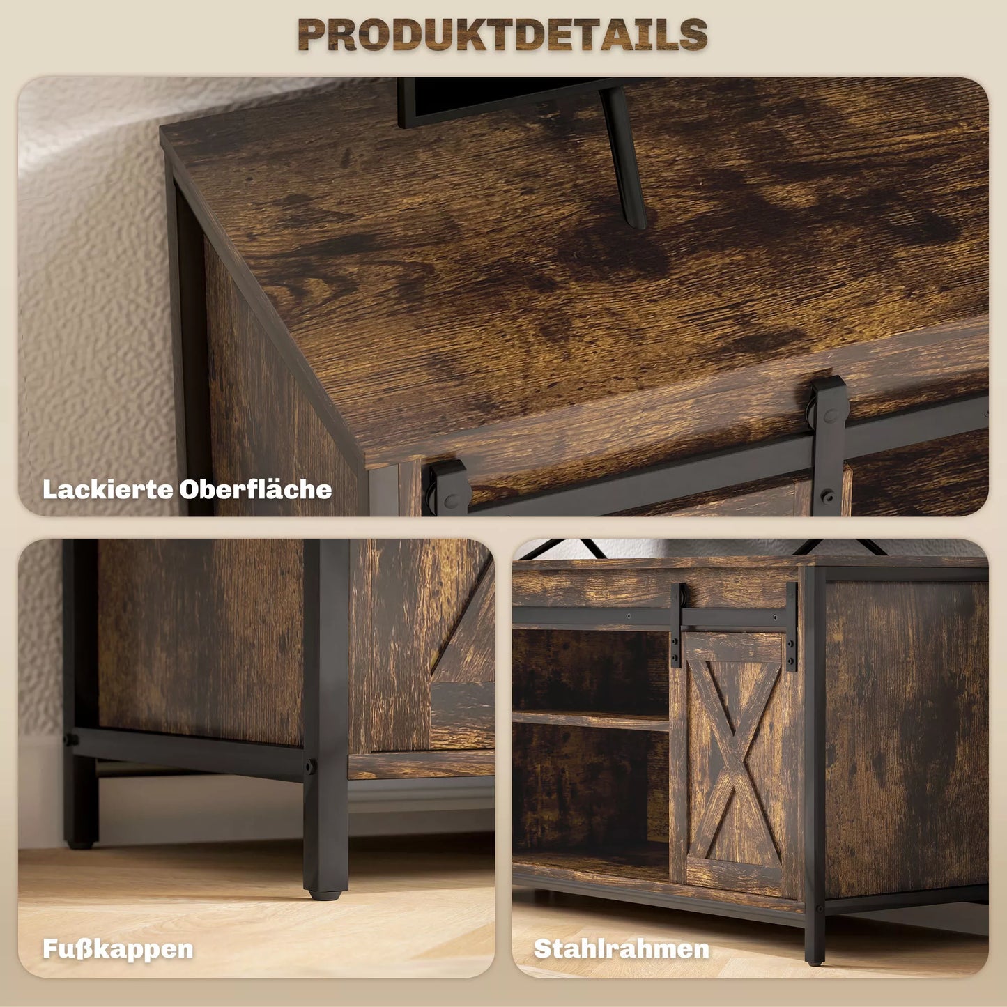 TV staliukas, pramoninio dizaino, skirta 60 colių televizoriams, 6 skyriai, 2 stumdomosios durys, ruda/juoda