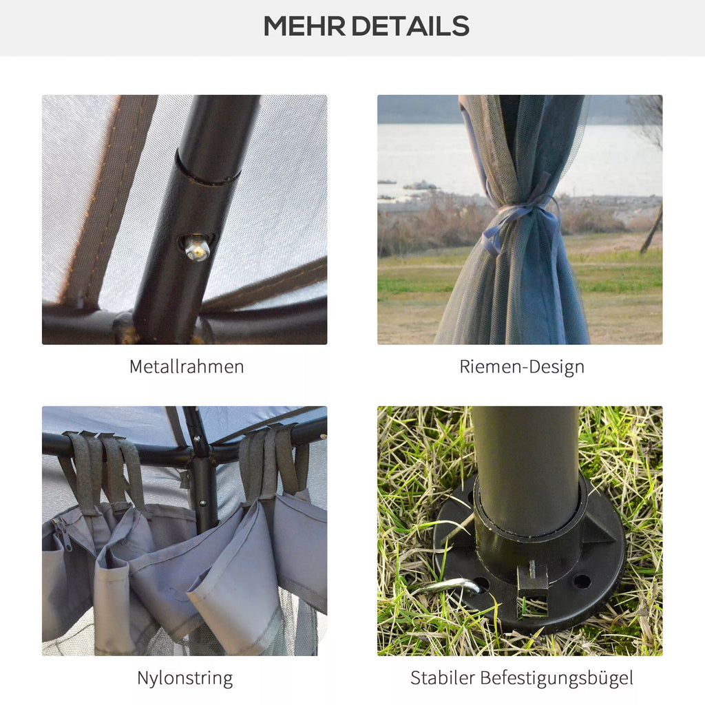 Paviljonas su dvigubu stogu, 3x2 m, atsparus vandeniui, stabilus, atsparus žiemai, su moskitine tinklele, šoninėmis dalimis, metalinis sodo paviljonas, skirtas sodui, terasai, šviesiai pilkos spalvos.