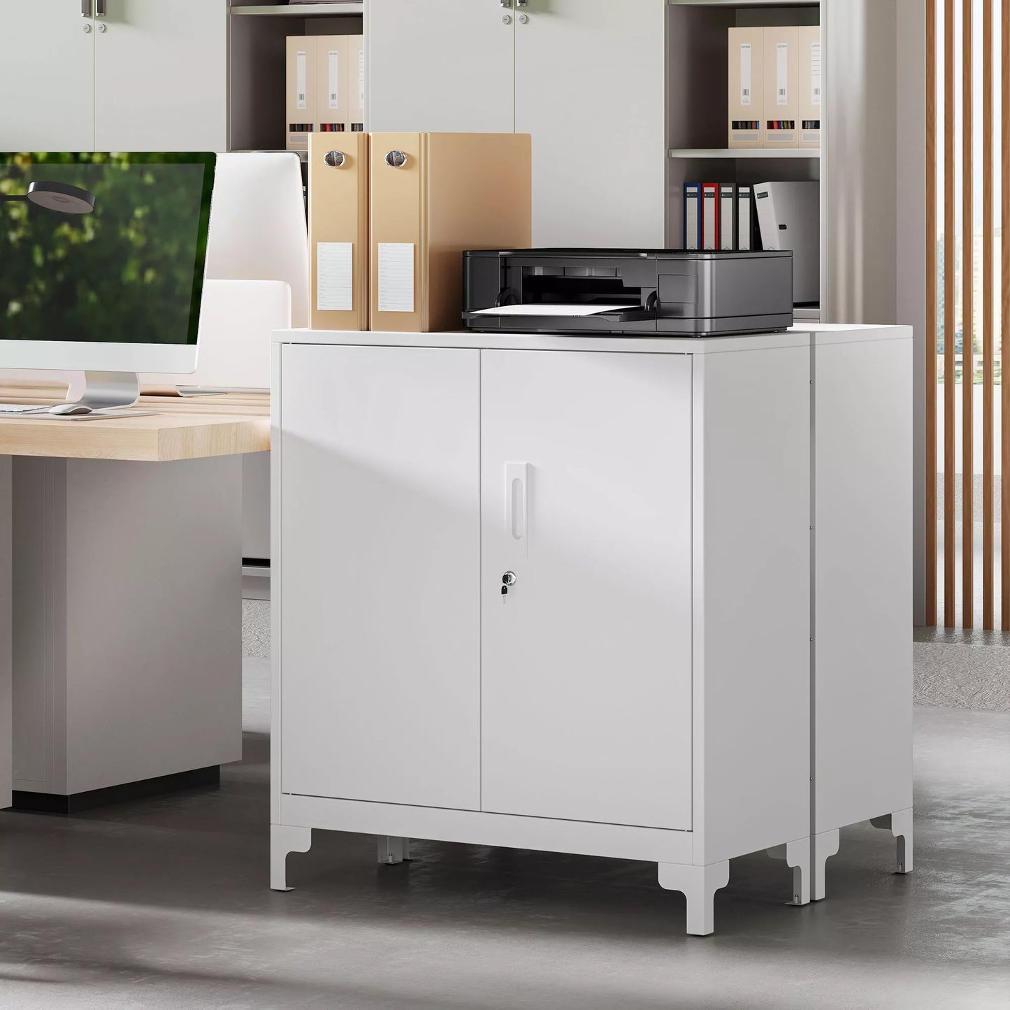 Metalinė biuro spinta, užrakinamos durys, biuro komoda, 2 pakopų dizainas, balta