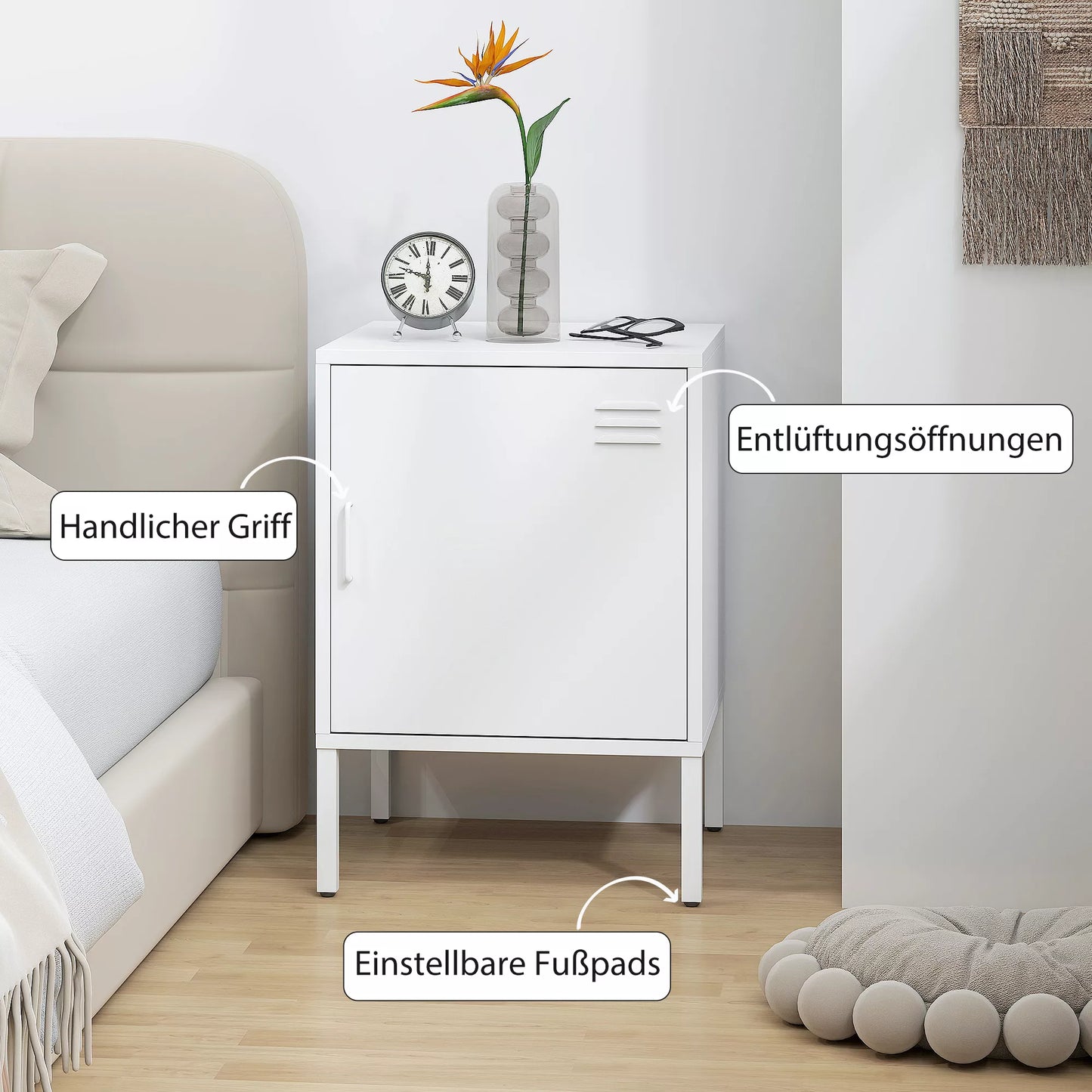 Plieninis naktinis staliukas, pagalbinis staliukas įvairiems tikslams, reguliuojama lentyna, miegamajam, svetainei, baltas