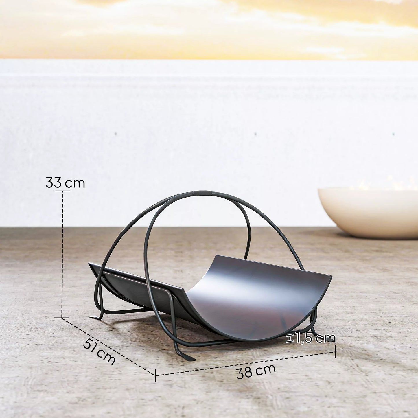 Vidinė malkų laikymo lentyna 51 x 38 x 33cm, geometrinis malkų stovas su metaline rankena, juoda