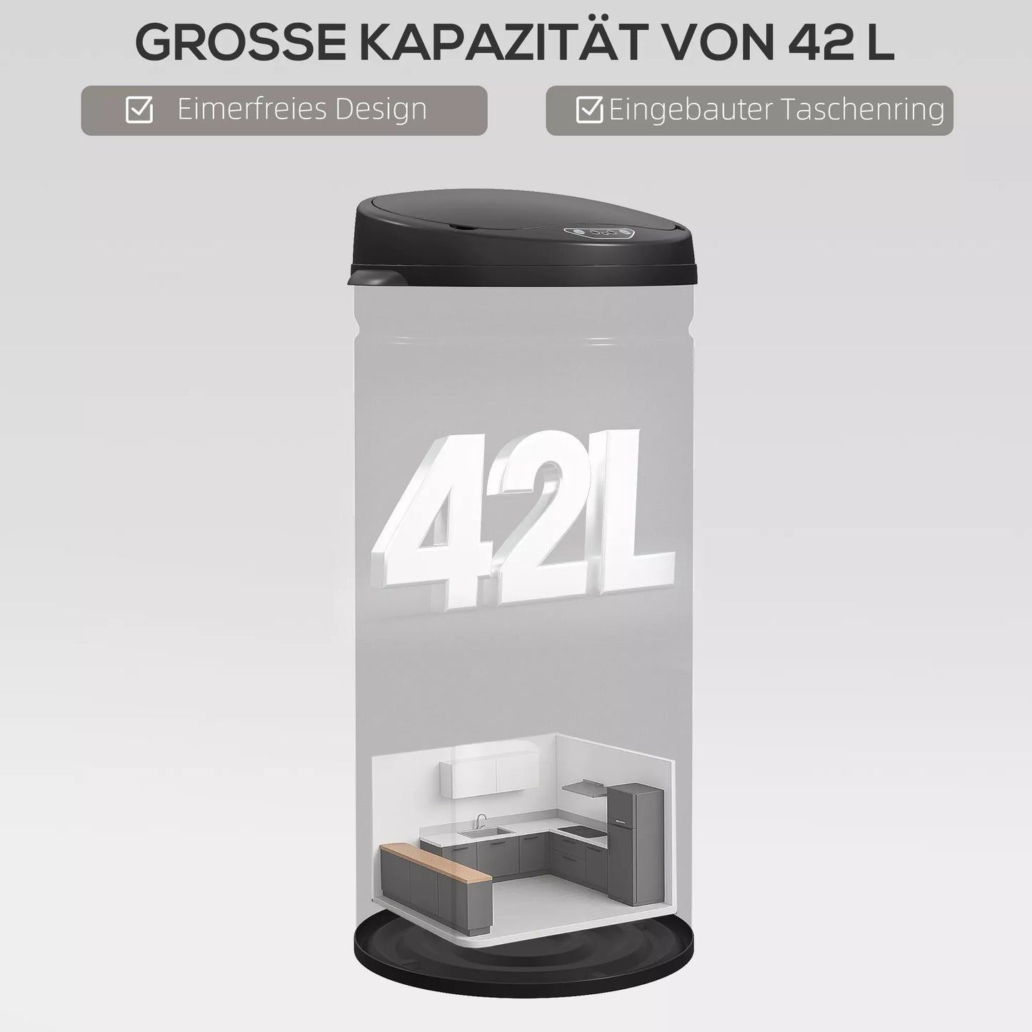 42 litrų talpos šiukšliadėžė su jutikliu ir „Soft-Close“ funkcija, neliestinė nerūdijančio plieno šiukšliadėžė, skirta higieniškoms virtuvėms