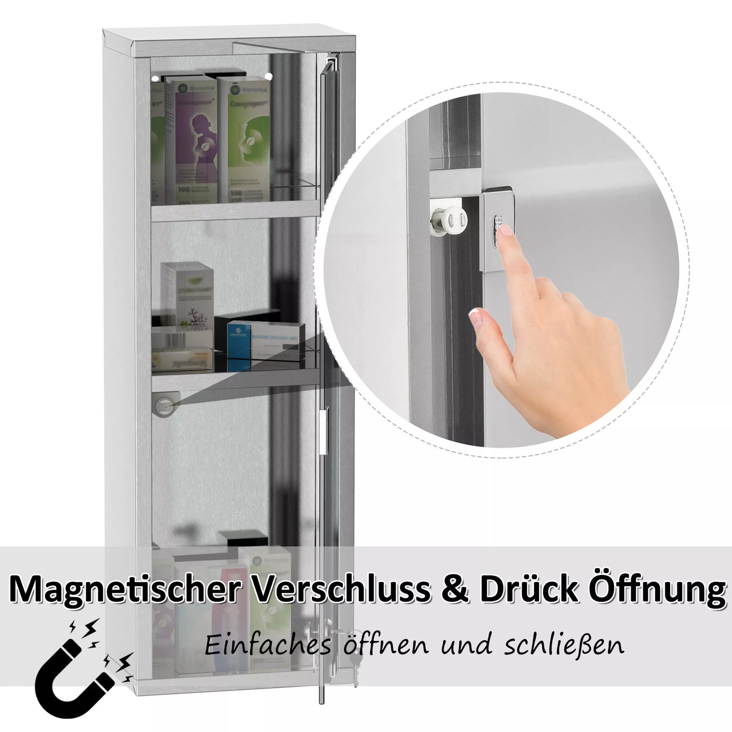 Nerūdijančio plieno vaistų spintelė su grūdinto stiklo durelėmis. Medikamentų laikymo spintelė, užrakinama, su 3 skyreliais, pirmosios pagalbos spintelė, 20 x 12 x 58 cm, sidabrinė