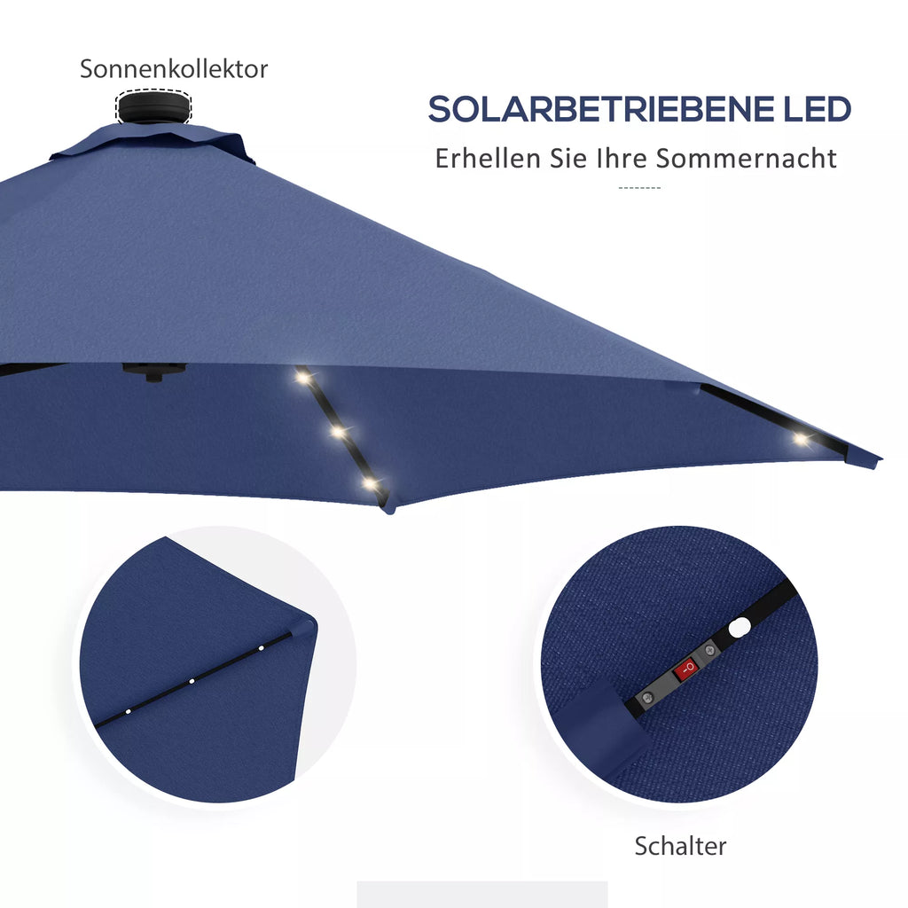 Sodo skėtis, pakabinamas skėtis, LED lemputės, saulės baterija, atsparus atmosferos poveikiui, su apsauginiu apvalkalu, Ø290 x 260 cm, tamsiai mėlynas