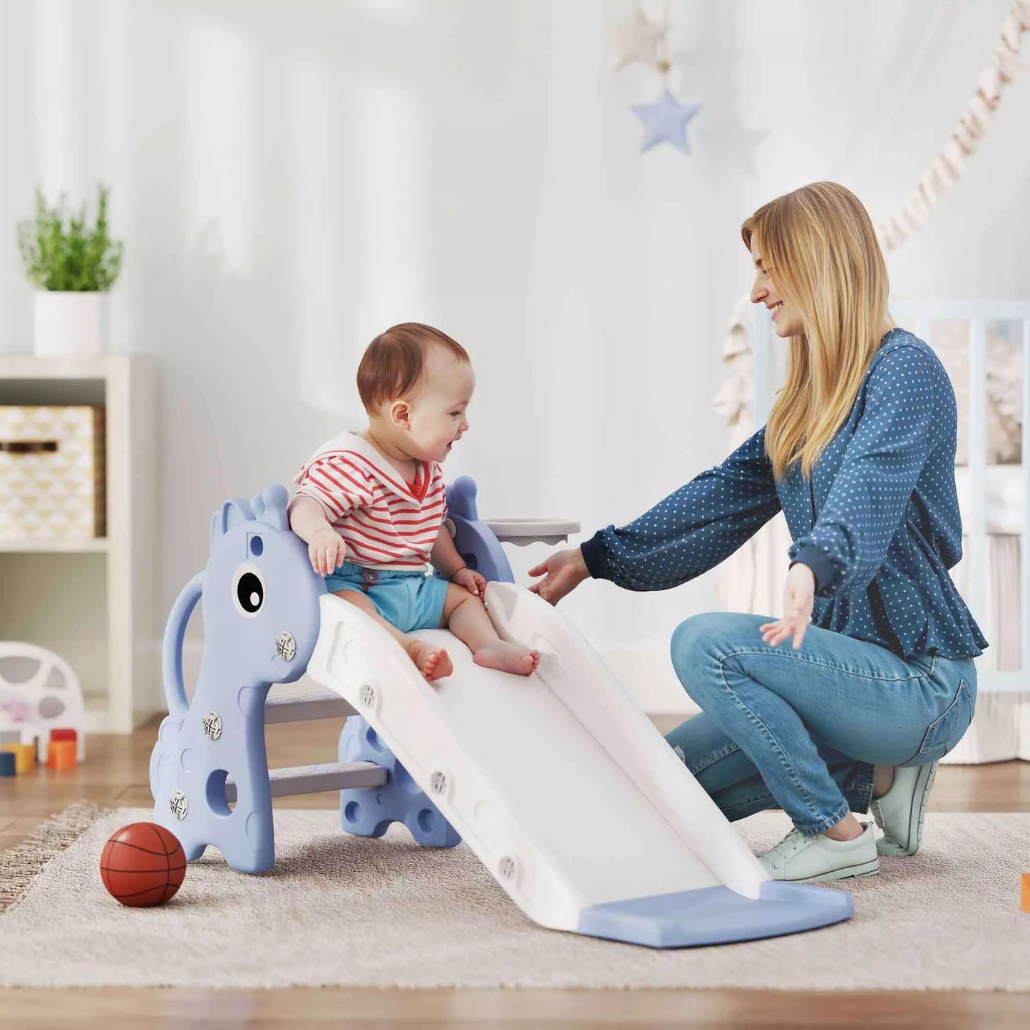 3-in-1 čiuožykla vaikams, žirafos formos, su krepšinio lanku ir kamuoliu, mėlyna