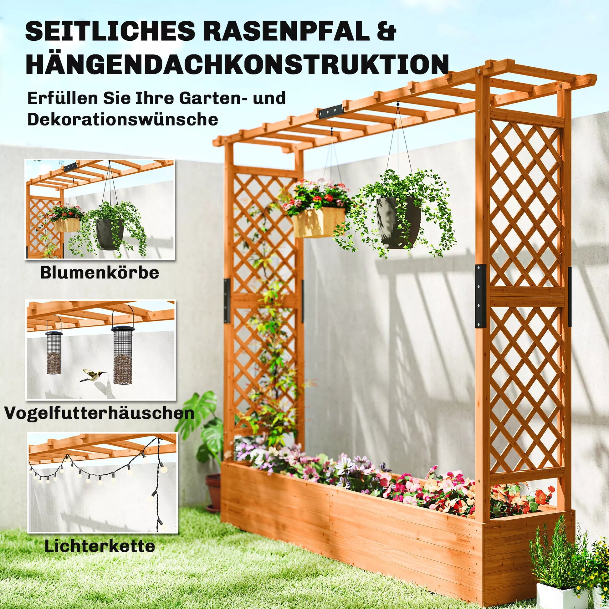 Aukštas lysvynas su tinkleliu ir stogu, skirtas gėlėms, vaisiams, daržovėms, žolelėms, 196 x 44 x 181 cm, medinis, oranžinis