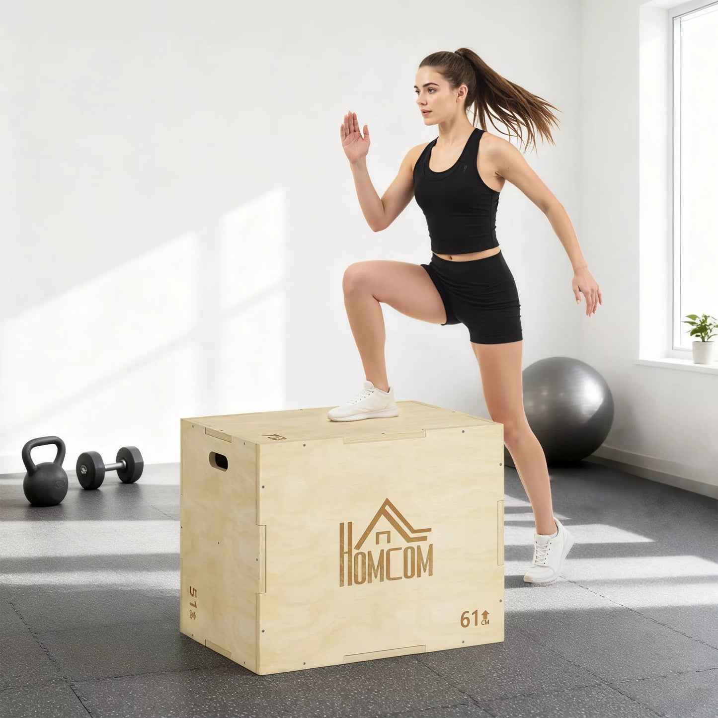3-in-1 Plyo Box medinė pliometrinė šokimo dėžė su 3 šokimo aukščiais rankenomis 61 x 51 x 76 cm natūralaus medžio