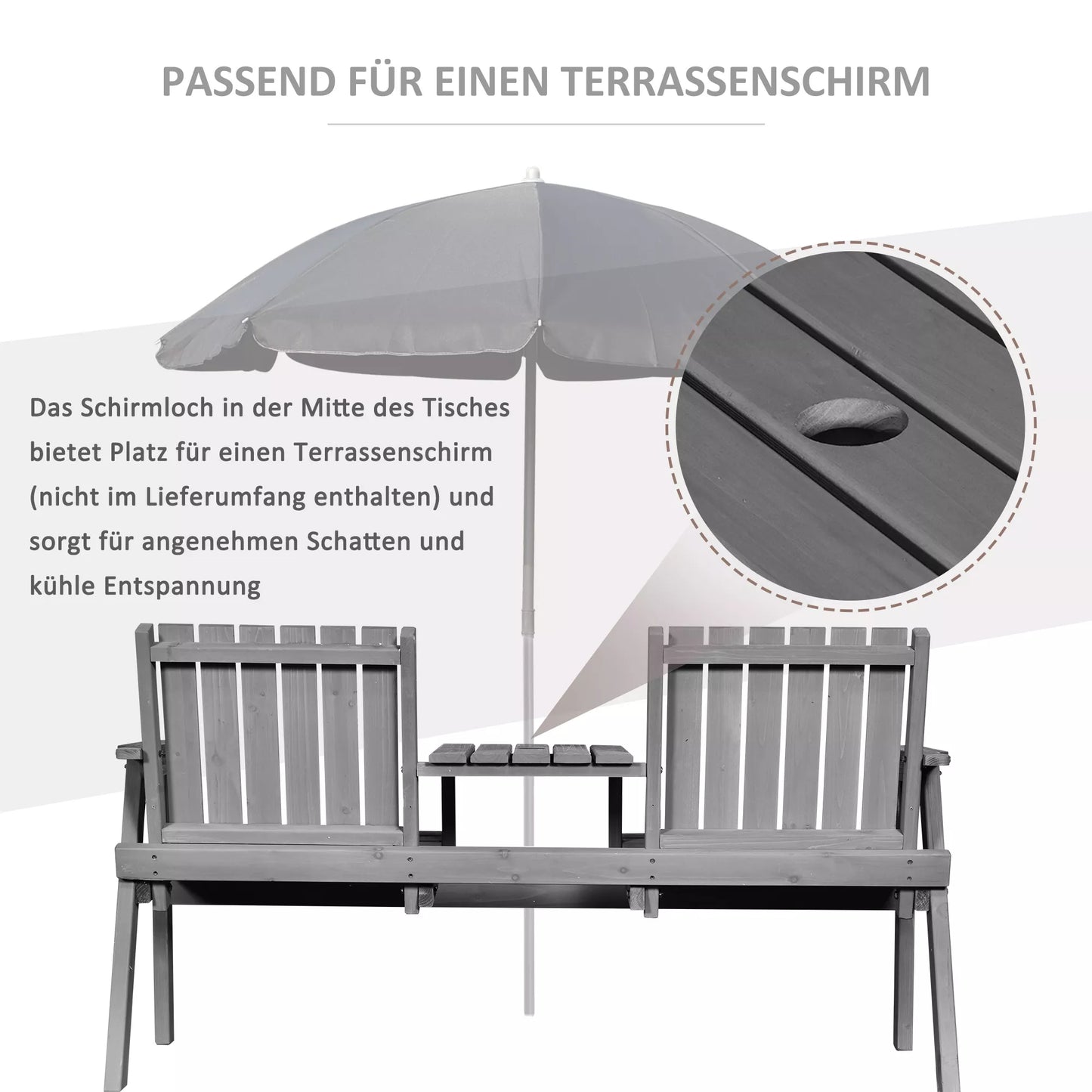 Sodo suoliukas su stalu, sėdimųjų grupė, sodo baldai, su skėčio skyle, suoliukas, 2 kėdės, masyvi mediena, pilka, 152 x 70 x 83 cm