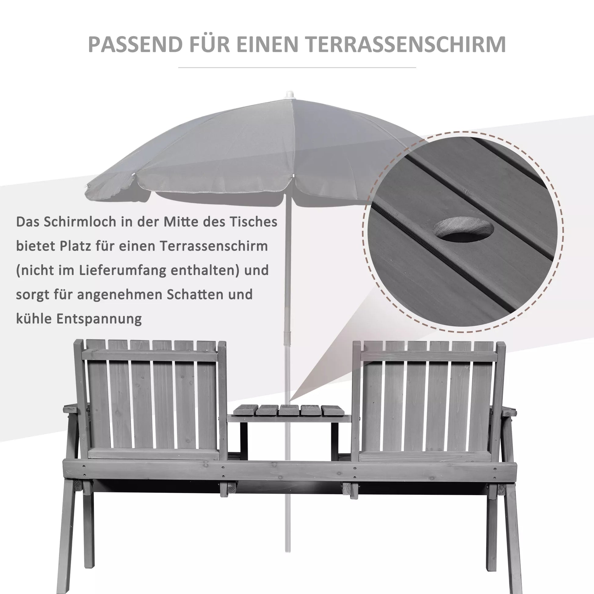 Sodo suoliukas su stalu, sėdimųjų grupė, sodo baldai, su skėčio skyle, suoliukas, 2 kėdės, masyvi mediena, pilka, 152 x 70 x 83 cm