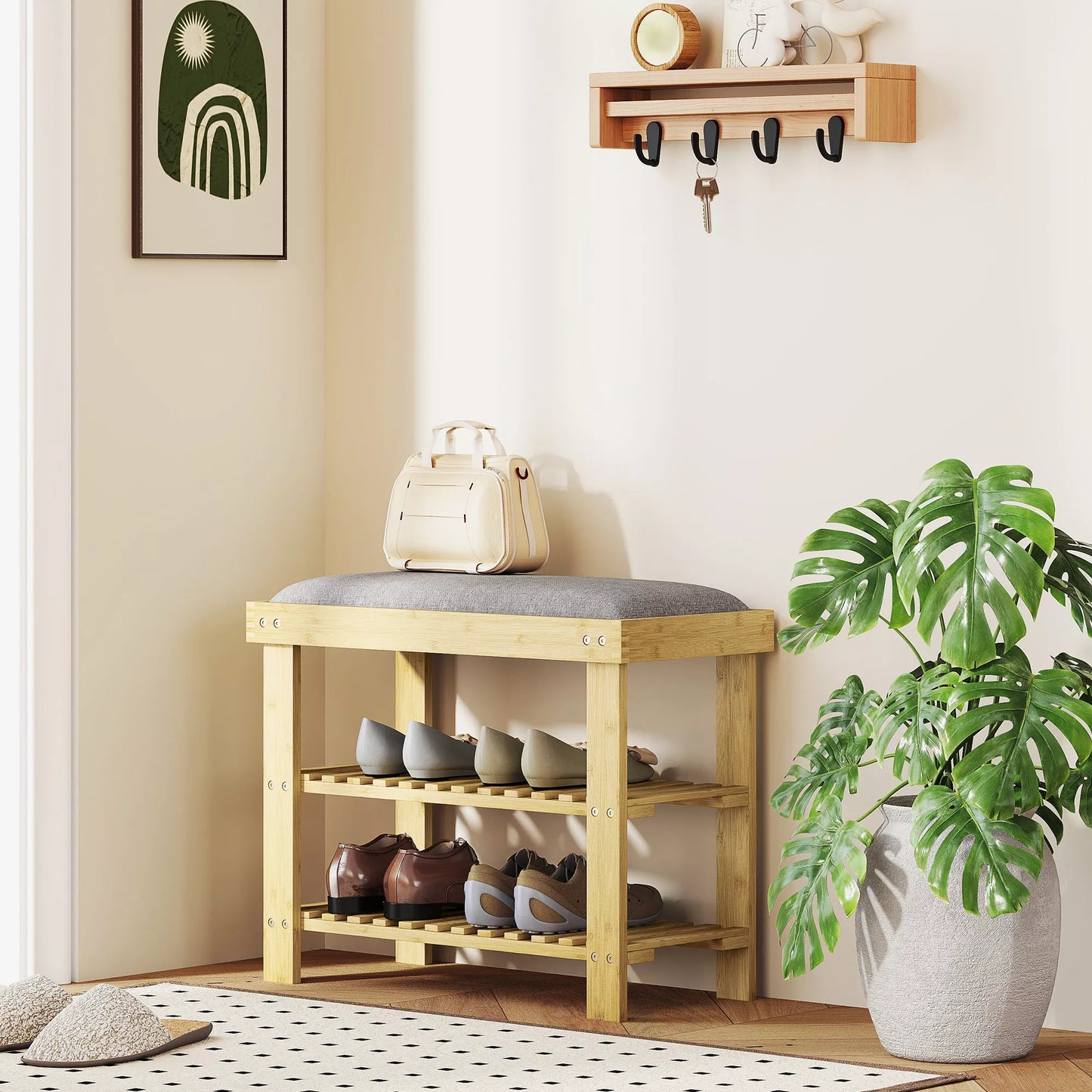 Batų suoliukas su sėdyne, prieškambario suoliukas su 2 atviromis lentynomis, bambukas, 60x29x49 cm, pilka