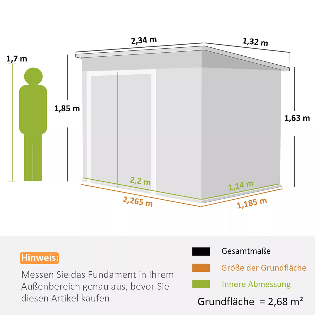 Metalinis įrankių sandėliukas 2,68 m², užrakinamas įrankių sandėliukas su 3 durimis, ventiliacija, vienšlaitis stogas, pirštinės