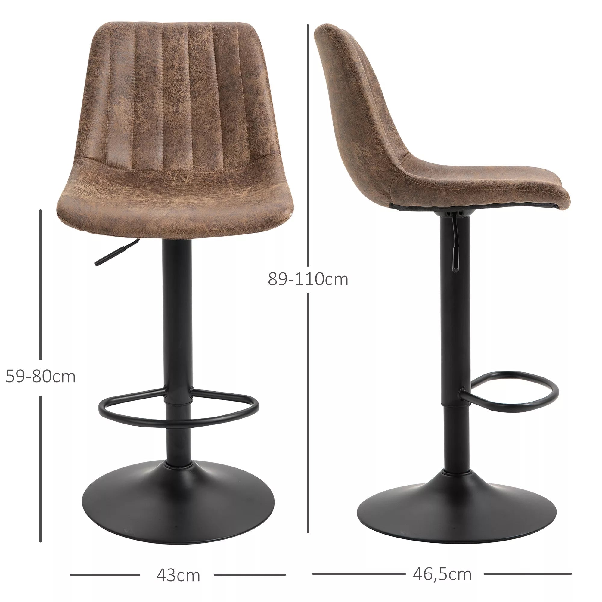 Baro kėdės matmenų schema: aukštis 89–110 cm, plotis 43 cm