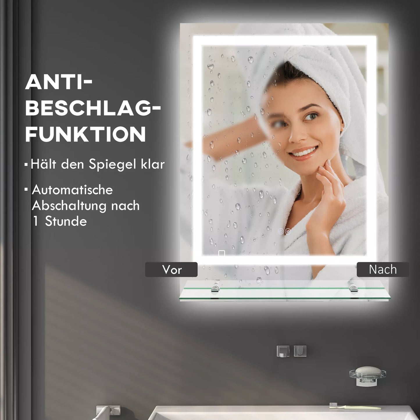 Vonios veidrodis su LED apšvietimu, 3 šviesos spalvos, apsaugos nuo rasojimo funkcija, laidinis, 70 x 50 cm